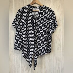 LINEN CHARTER CLUB BLACK PRINT TIE FRONT BLOUSE Size L EUC